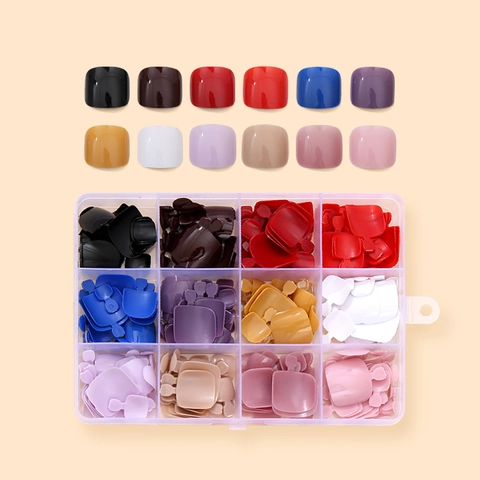 Faux Ongles de Pieds à Presser Multicolores Brillants Carrés Couleur Unie Couverture Complète pour Femmes Accessoire de Décoration Ongulaire DIY