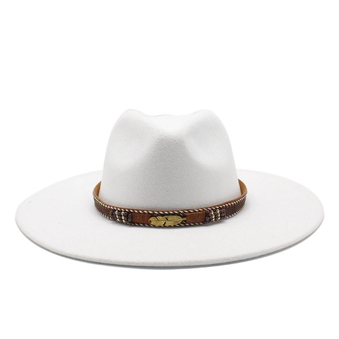 Sombrero Fedora Western Cowboy de Fieltro de Lana de Ala Ancha Jazz Con Banda de Pluma de Metal Dorado Estilo Étnico Para Hombre Mujer