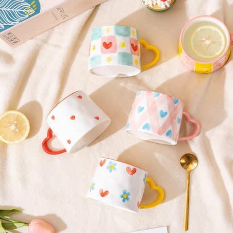 Ceramic Mug With Heart Shaped Handle Hand Painted Cute Cartoon Coffee Cup Microwave Safe Gift Box Spoon
