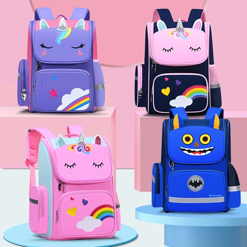 Kids School Backpack Primary Student Waterproof Oxford Cloth Ergonomic Spine Protection Large Capacity Reflective Safety Unicorn
