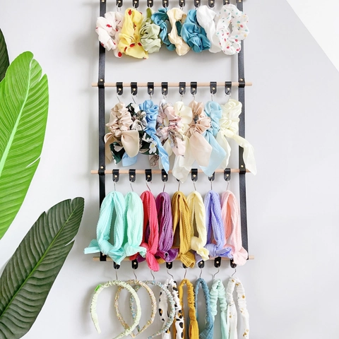 Haaraccessoires Organizer Wandmontiert PU Leder Holz Hängeregal Für Haargummis Stirnbänder Spangen Display