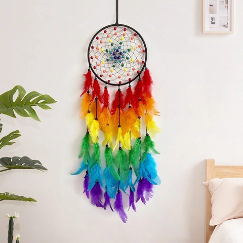 Handmade Dream Catcher Colorful Feathers Beads Wall Hanging Bohemian Home Decor Bedroom Nursery Ornament Rainbow Style