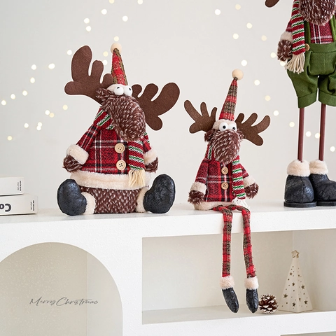 Christmas Reindeer Plush Dolls Plaid Fabric Reindeer Ornaments Desktop Shelf Sitter Holiday Home Decorations
