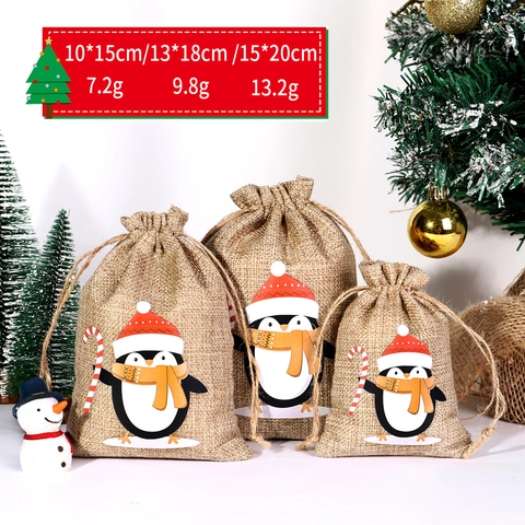 Christmas Gift Bag Burlap Drawstring Pouch Holiday Candy Favors Cartoon Pattern Decorative Hessian
