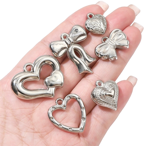 Silver Tone Plastic Charms Heart And Bow Styles For DIY Jewelry Making Necklace Bracelet Craft Accessories