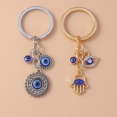 Vintage Hip Hop Evil Eye Hamsa Hand Sun Metal Keychain Rhinestone Enameled Bag Pendant Car Key Ring Accessory Jewelry Gift