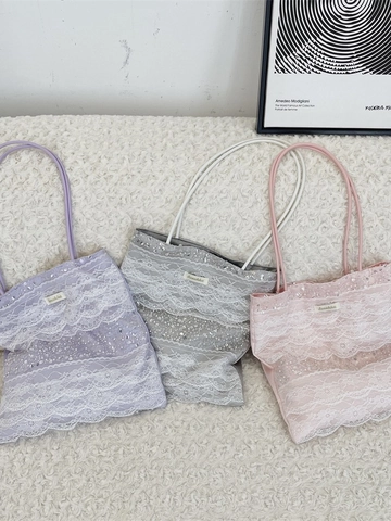 Spitzen Pailletten Tote Bag Große Kapazität Spleißperlen Schultertasche Süßer Mädchenhafter Stil Für Damen Täglich