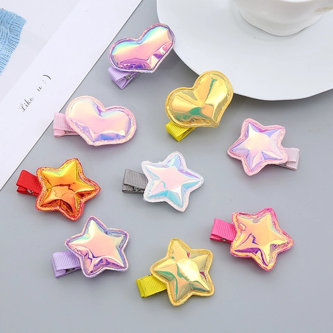 Holographic Star Heart Hair Clips For Kids Iridescent PU Leather Ribbon Wrapped Duckbill Hairpins Girls Accessories