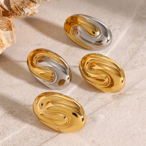 Pendientes Geométricos Acero Inoxidable Espiral Ovalada Vórtice Oro Plata Bicolor Pulido Hipoalergénico Joyería Mujeres