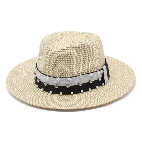 Cappello Fedora Di Paglia Da Donna Con Fascia Di Künstliche Perle E Strass Retrò Tesa Larga Protezione Solare Spiaggia Estate Traspirante