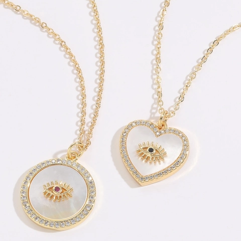 Collana con Pendente Malocchio in Rame Minimalista Perle in Zirconia Per Donna Placcato Oro 14K Cuore Tondo Gioielli