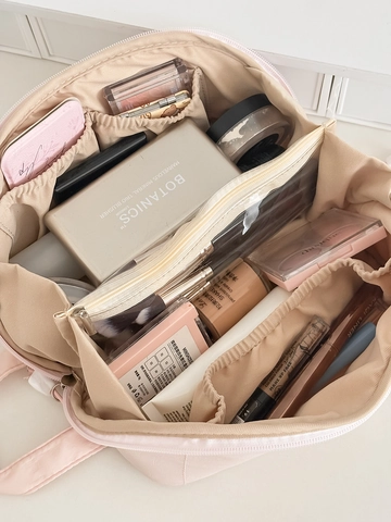 Solid Color Large Capacity Makeup Bag Portable Handle Nylon Travel Toiletry Organizer Double Zipper Pouch For Women