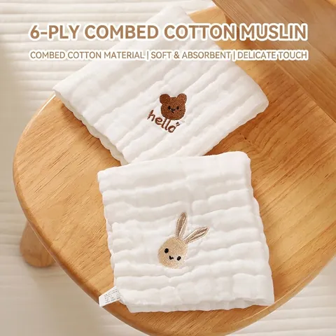 Baby Saliva Towels Multi-Layer Cotton Gauze Soft High Absorbent Embroidered Cartoon Animal Washcloths For Newborn Infants Toddlers
