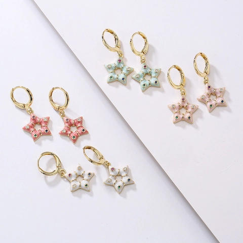 Star Pendant Hoop Earrings Bohemian 18K Gold Plated Copper Colorful Enamel Multi-Color Zircon Geometric Jewelry For Women