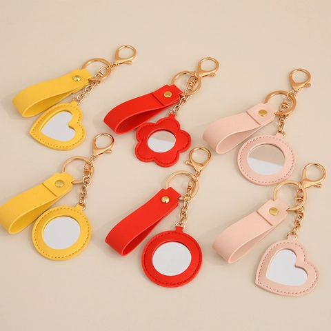 Portable Mirror Keychain PU Leather Heart Flower Round Shape Mini Cosmetic Mirror Bag Charm Hanging Ornament