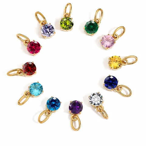 Stainless Steel Round Rhinestone Birthstone Pendant For DIY Jewelry Making Handmade Necklace Accessories Minimalist Women Inlaid Charms