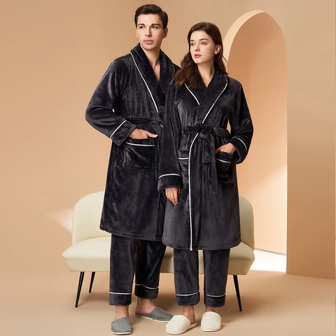 Flannel Robe And Pants Pajama Loungewear Thickened Winter Warm Shawl Collar Contrast Piping For Men Women Couples