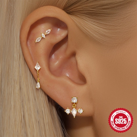 925 Sterling Silver Ear Cartilage Stud Earrings Gold Plated Zirconia Artificial Opal Geometric Crown Cross Piercing Jewelry