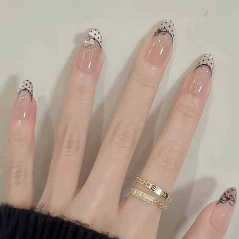Elegante French Tip Press On Nails Lange Mandelform Punktchen Schleife Design Mit Strasssteinen Chic Cat Eye Fake Nails