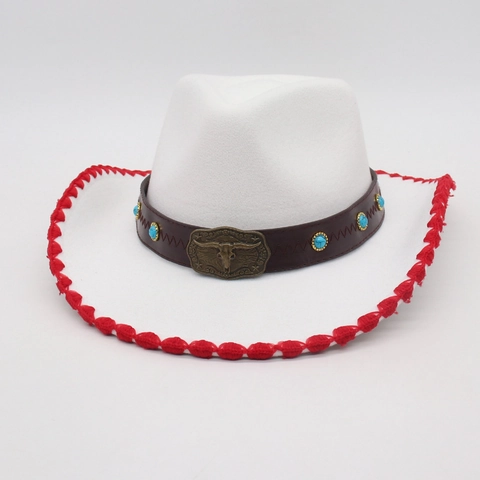 Cappello Fedora Western Cowboy per Uomo Donna Vintage Etnico Ala Larga Cappello da Sole Con Fibbia Testa di Toro e Turchese