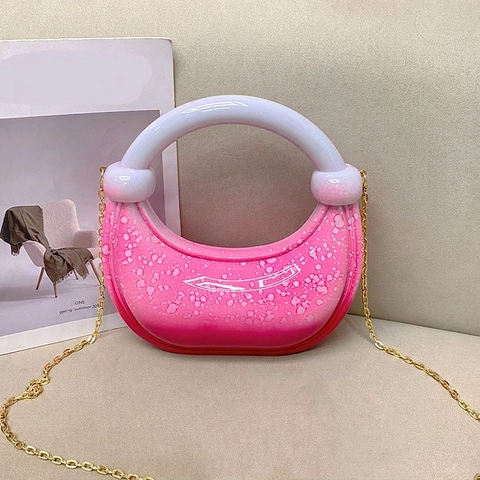 Half Moon Acrylic Handbag Gradient Ink Speckled Resin Clutch Round Handle Metal Chain Strap For Women Party Evening