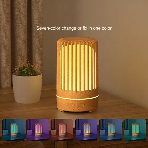 Wood Grain Aroma Diffuser Ultrasonic Humidifier Birdcage Design LED Night Light Remote Control Silent Mist Maker Desktop