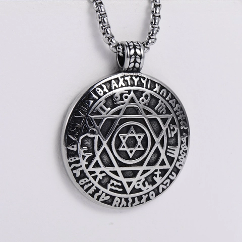 Round Hexagram Pendant Necklace 304 Stainless Steel Vintage Carved Solomon Seal Star Of David Punk Style For Men