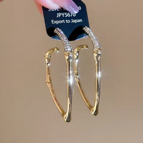 Heart Shaped Hoop Earrings Bamboo Joint Gold Alloy Rhinestone With 925 Sterling Silver Earring Post For Women