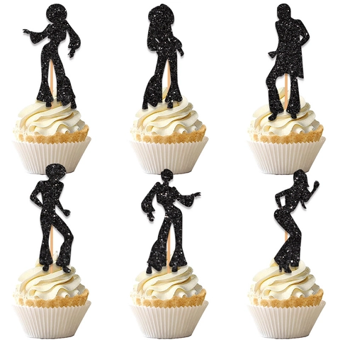 Disco Dancer Silhouette Cupcake Toppers Glittery Black Paper For Birthday Party Retro Music Theme Dessert Decoration
