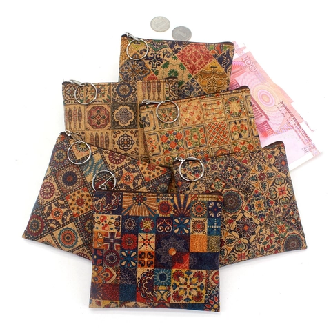 Vintage Cork Pattern Coin Purse Bohemian Mandala Printed Zipper Wallet With Metal Ring Key Holder For Women