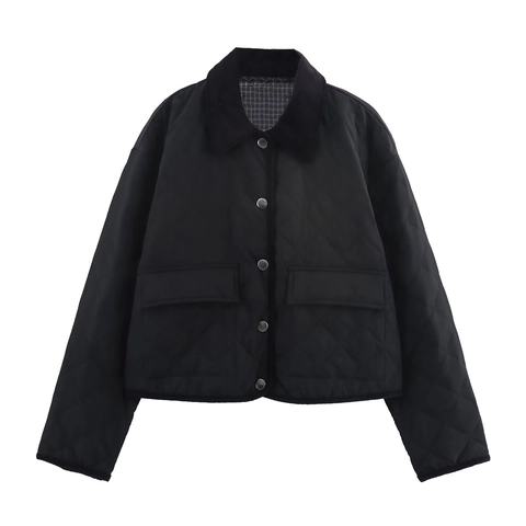 Damen Steppjacke Mit Cordkragen Diamant Wattierter Leichter Mantel Karo Innenfutter Tasche Knopf Oberbekleidung Mode Lässig