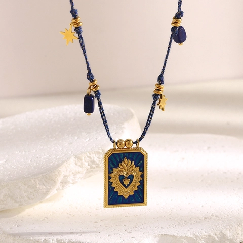Heilig Hart Vierkante Hanger Ketting Roestvrij Staal 18K Verguld Blauw Geweven Touw Vintage Ster Charm Sieraden Voor Vrouwen