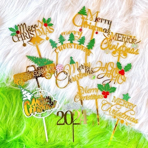 Acrylic Merry Christmas Cake Topper Mirror Gold Glitter Snowflake Tree Design Festive Party Dessert Decoration