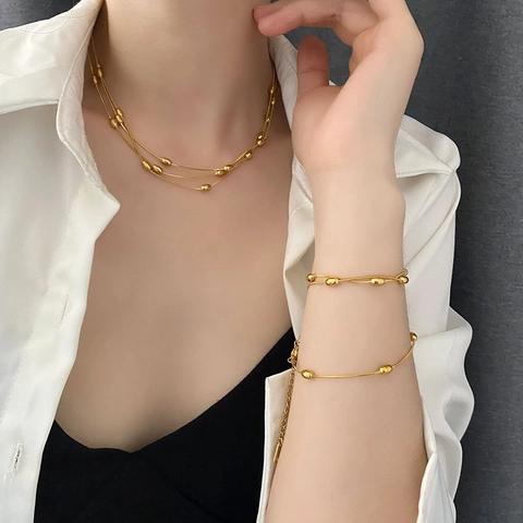 Minimalist Titanium Steel Multi Layer Long Necklace And Bracelet With Oval Metal Beads Snake Chain For Women