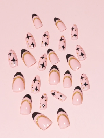 Franse Press On Nails Lange Stiletto Kunstnagels Roze Met Zwart Sterrenpatroon Goud Glitter Voor Dames