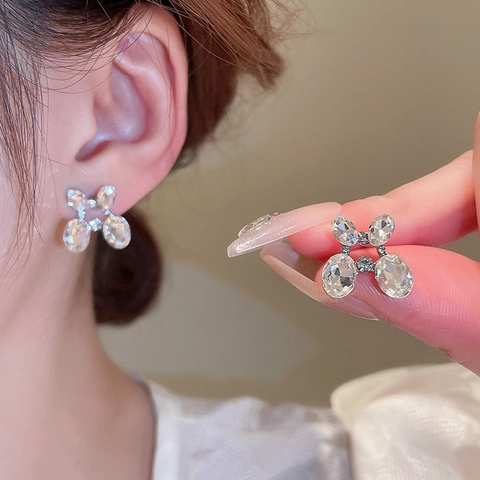 Butterfly Oval Double Layer Rhinestone Necklace Bracelet Earrings Jewelry With Silver Earring Post For Women