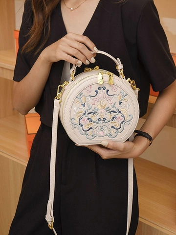 Round Crossbody Bag PU Leather Floral Embroidery Vintage Ethnic Style Top Handle Purse For Women