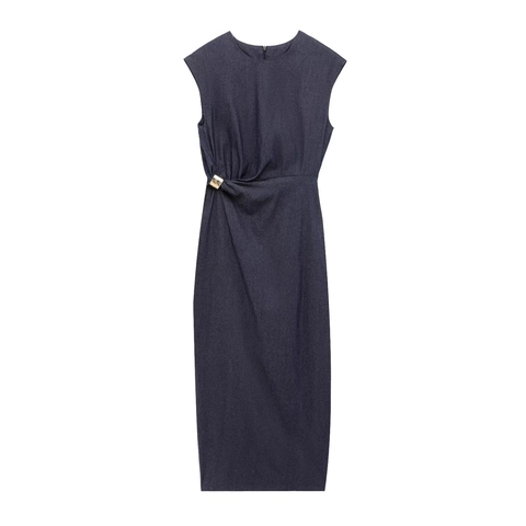 Ärmelloses Denim Midi Kleid Mit Goldener Metallverzierung Eleganter Schlitz Rundhalsausschnitt Navy Blau Damen