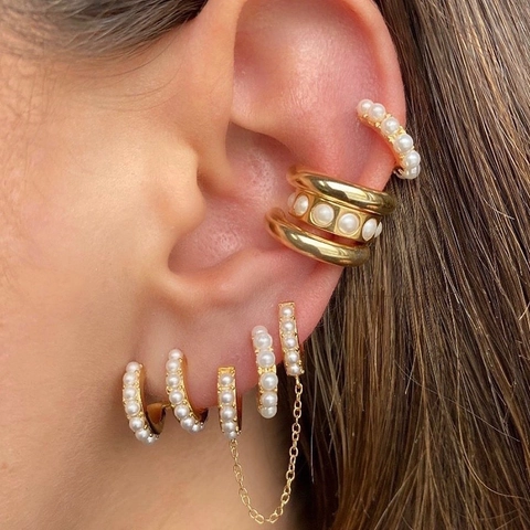 Orecchino Di Künstliche Perle A Doppia Fila In Rame A Forma Di C Con Perno In Argento Sterling 925 Zircone Gioiello