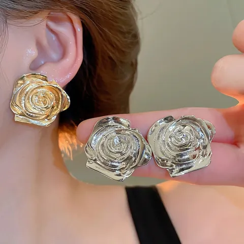 Rose Flower Stud Earrings Metal Alloy 3D Relief Smooth Floral Jewelry With Silver Earring Post French Vintage For Women
