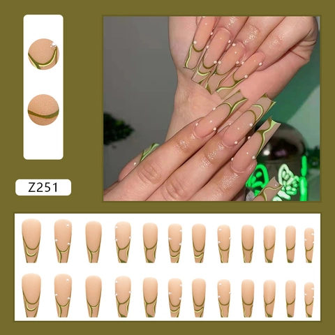 Long Coffin Press On Nails Nude Pink With Green Ripple Wave Pattern And Micro Artificial Pearl Decor Elegant Wearable False Nails