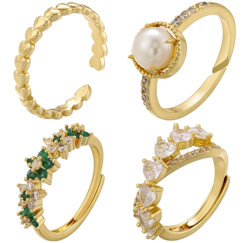 Adjustable Brass Open Ring Gold Plated Heart Star Zircon Inlaid Elegant Jewelry For Women Geometric Pattern Artificial Pearl Decor