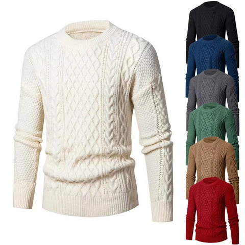 Maglione In Maglia A Trecce Da Uomo Girocollo Manica Lunga Casual Twist Pullover Orlo A Costine Inverno Caldo Poliestere