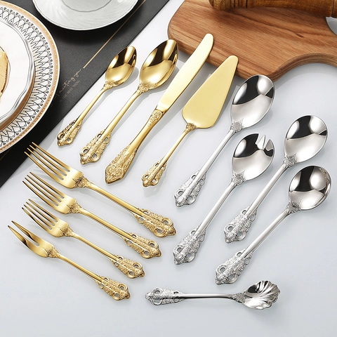 Royal 304 Stainless Steel Cutlery Retro Embossed Fork Spoon Knife Baroque Style Wedding Party Dining