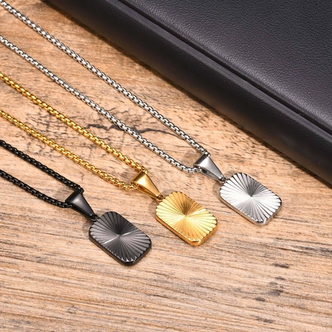 Stainless Steel Rectangle Sunburst Pendant Necklace For Men Women Gold Silver Black Minimalist Geometric Fashion Jewelry