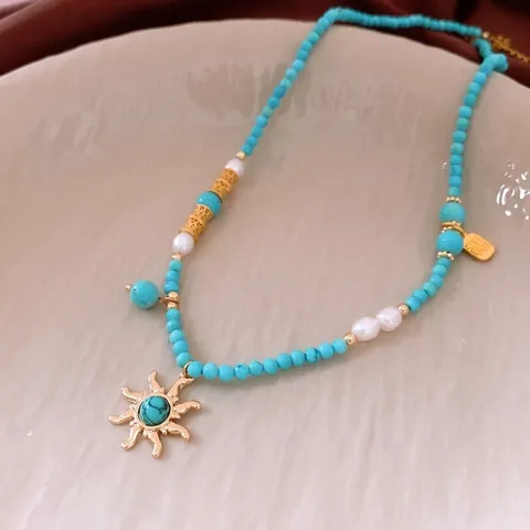 Collana Di Perline Con Pendente A Sole Bohémien Vintage Rame Ottone Etnico Pietra Naturale Perle D'acqua Dolce Gioielli Per Donna