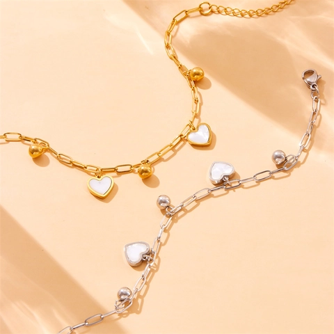 Bracelet Chaîne À Pendentif Coeur En Acier Inoxydable Pour Femmes Avec Incrustation De Nacre Et Perles Rondes