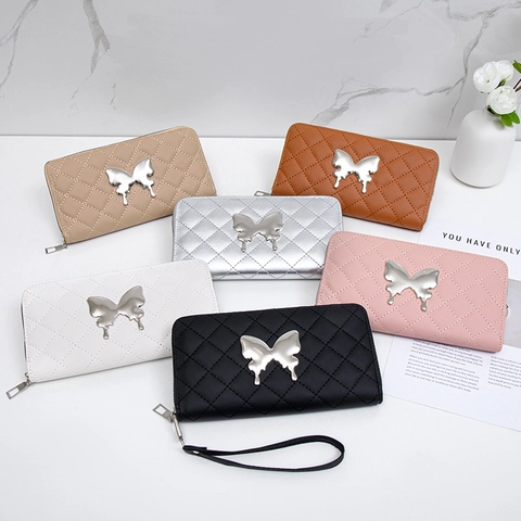 Damen Lange Reißverschluss Geldbörse PU Leder Gesteppt Schmetterling Clutch Handtasche Mit Handschlaufe Große Kapazität
