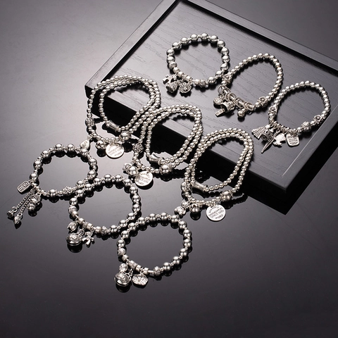 Vintage Double Layer Alloy Beaded Bracelet Tibetan Silver Style Charms Lucky Cat Bell Heart Bear Fashion Jewelry Women