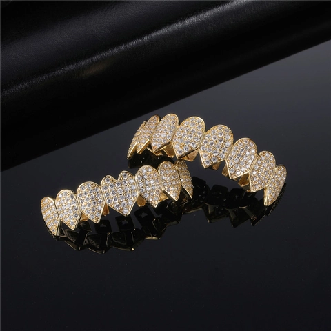 Hip Hop Heart Shaped Grillz Copper Rhinestone Gold Silver Plated Teeth Caps For Men Women Bling Jewelry Party Accessories